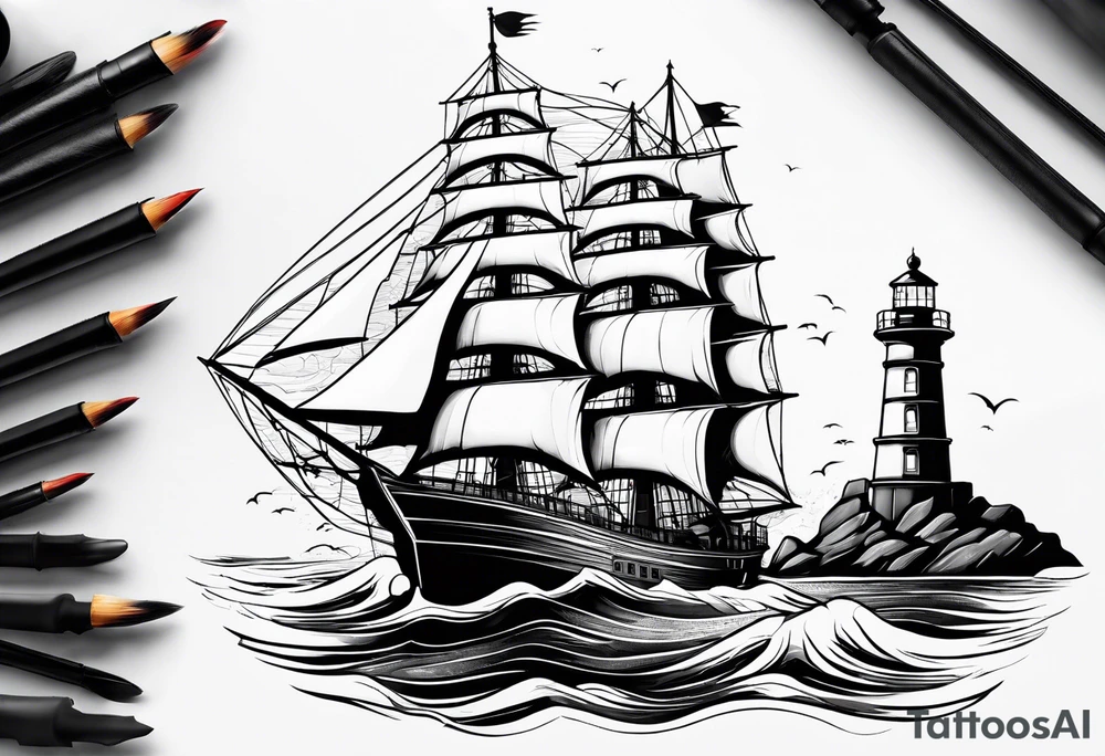 ghost marine lighthouse behind the bow of a sailboat. tattoo idea