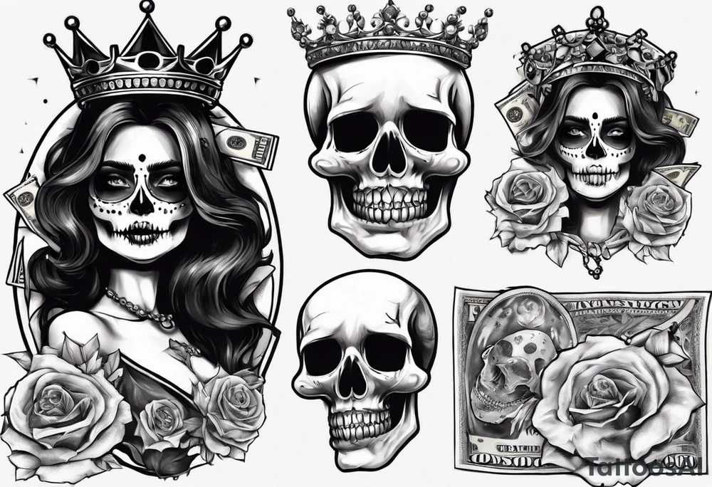 santa la muerta with money and crown
on card tattoo idea