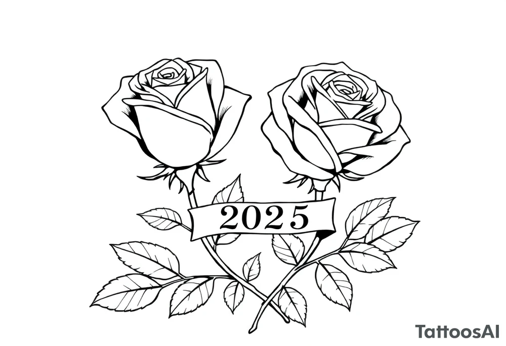 two beautiful large rose buds, one larger than the other, with many leaves next to the rose buds, with one sitting higher than the other. Include a banner connecting the two roses with the year "2025" on it.   Use dark outlines with little shading. The two stems should be short, not long, and connect and join into one stem, whimsically curved or twisted - not straight down. tattoo idea