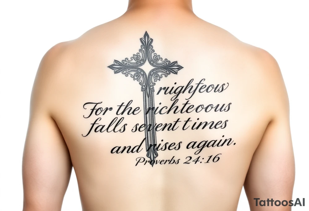 Upper forearm vertical tattoo layout. A large, ornate Christian wood-grain cross serves as the center anchor. Flows into elegant Chicano-style cursive calligraphy that completely fills the upper forearm space. The text spells out the full verse: "For the righteous falls seven times and rises again. Proverbs 24:16". Deep black ink, sharp fine-line details, drop shadows under the letters for depth. Solid white backdrop, absolutely no clouds or smoke backgrounds. tattoo idea