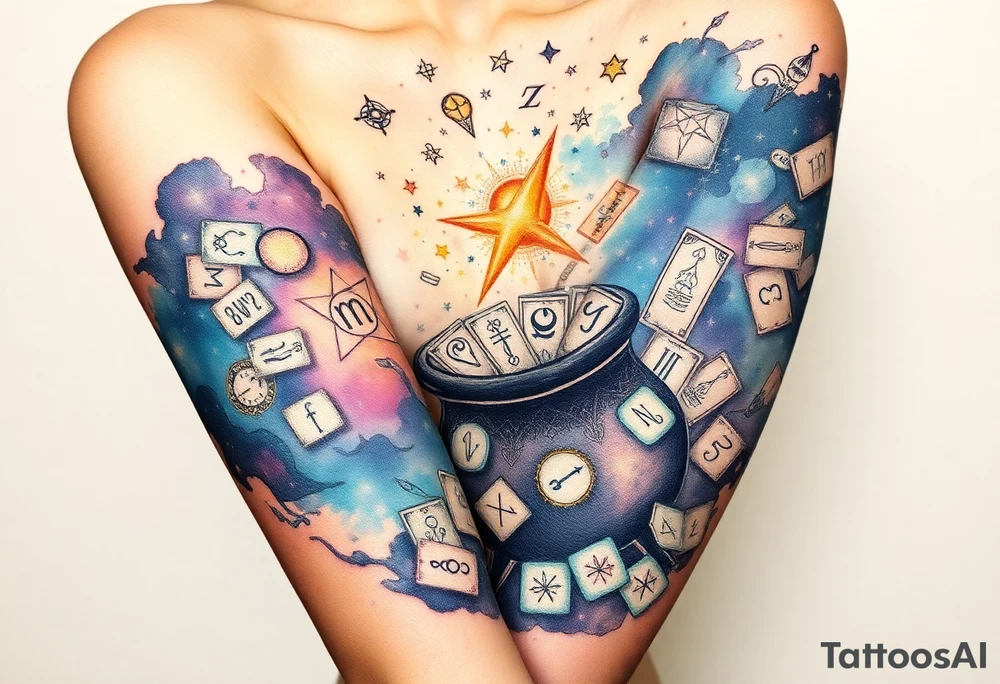 Milky way filled with zodiac symbols runes tarot cards coming out of a cauldron tattoo idea