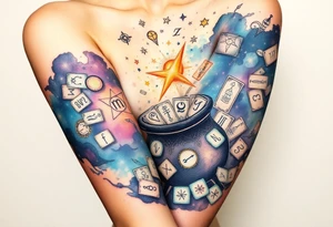 Milky way filled with zodiac symbols runes tarot cards coming out of a cauldron tattoo idea