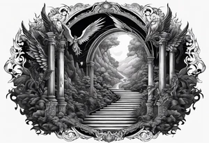 walking through the shadow valley of death with a stair case in the middle and demons on one side and a angel on the other side tattoo idea