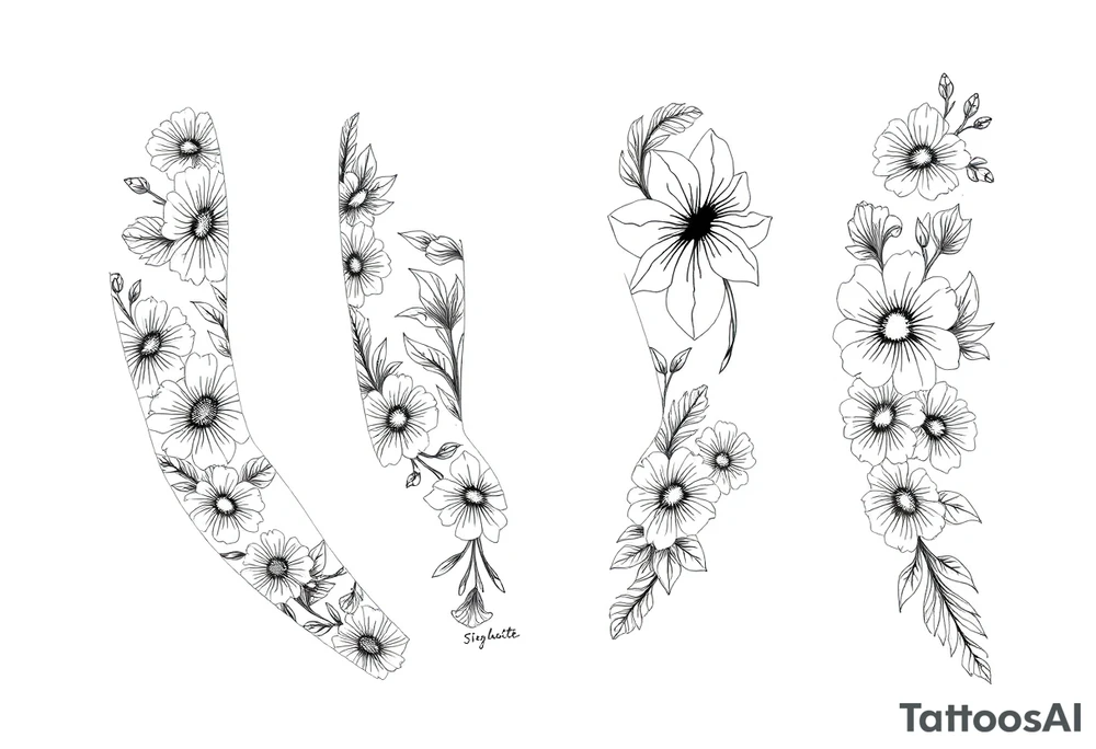 Doodles full sleeve with flowers. Not perfect lines. tattoo idea