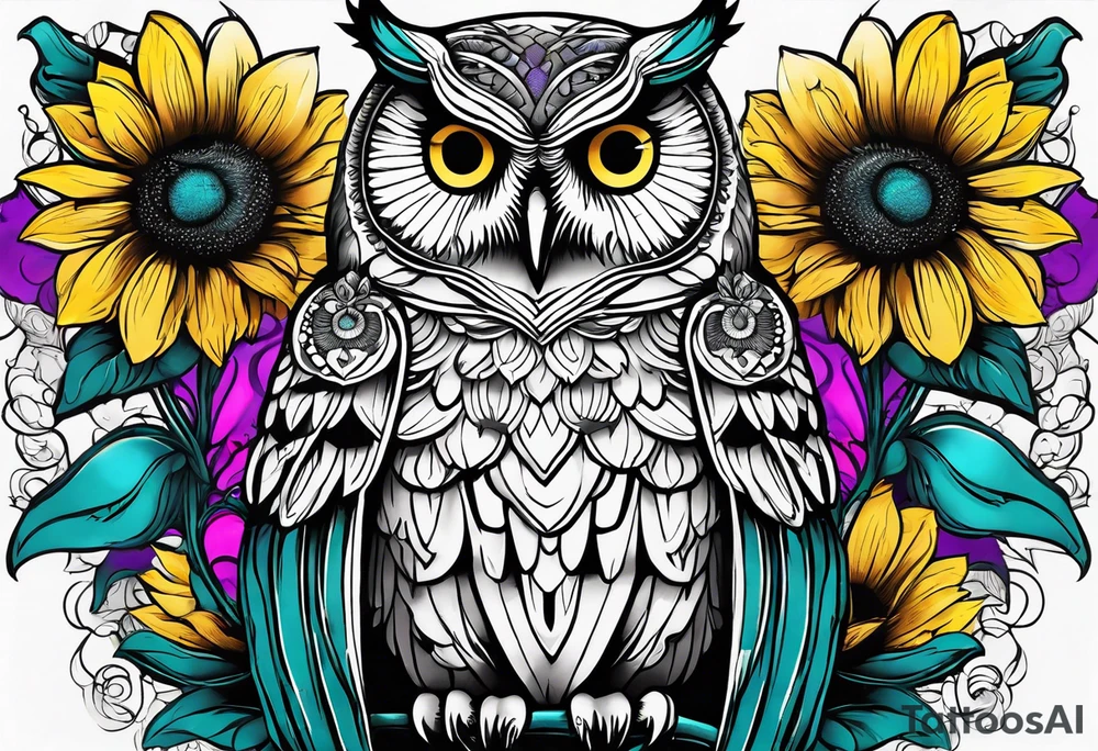 Black and white owl shaded teal, pink and purple surrounded by yellow sunflowers sleeve tattoo idea