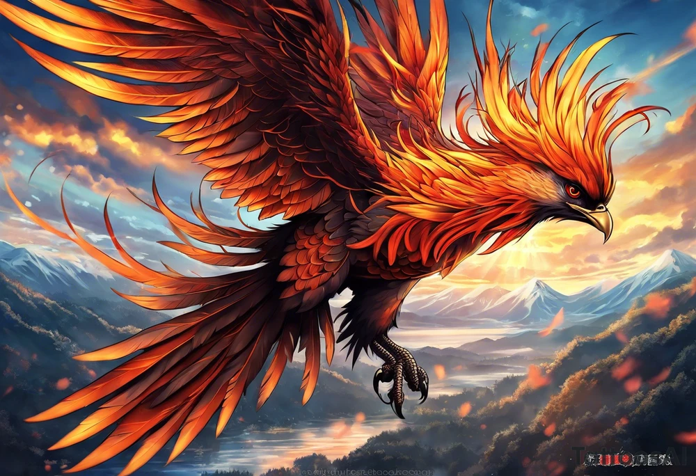 Anime Tattoo: A powerful, majestic phoenix, depicted mid-flight or rising, with wings extended and feathers flowing. Deep shading and intricate details to bring out the texture and motion of the feathers. Style: Anime. tattoo idea