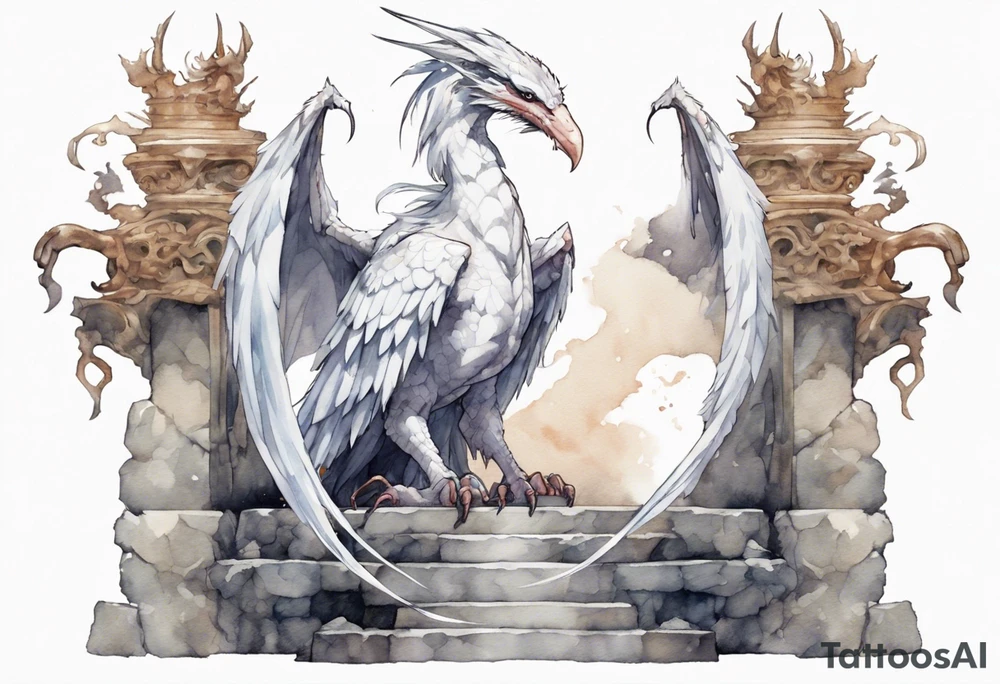a white bird-wyvern hybrid wearing a plain iron diadem, standing on a stone throne tattoo idea