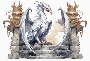 a white bird-wyvern hybrid wearing a plain iron diadem, standing on a stone throne tattoo idea