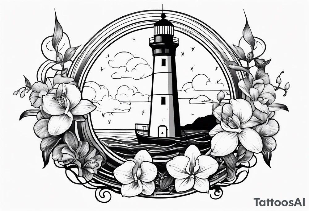 Lighthouse and anchor with orchids tattoo idea