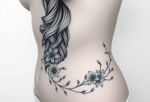 large tattoo that includes greek themed scenery and a greek goddess and also features lily flowers and dainty vines tattoo idea