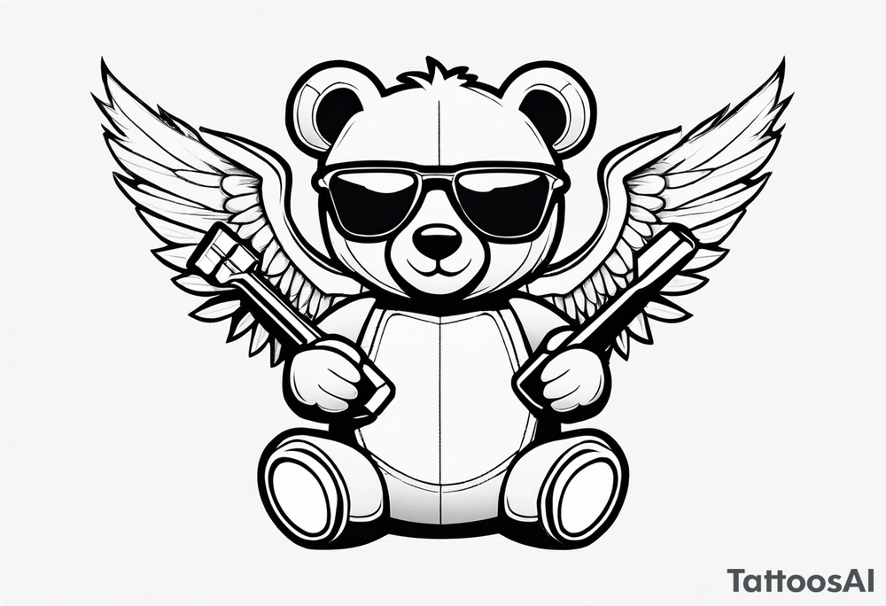 Teddy bear with wings wearing big sunglasses holding a hammer tool tattoo idea