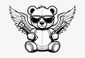 Teddy bear with wings wearing big sunglasses holding a hammer tool tattoo idea