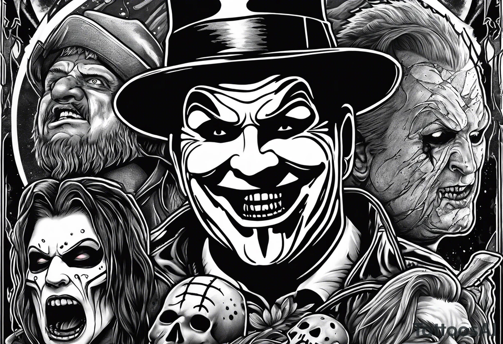 Horror design with a noose, Freddy Kruger, Jason, chucky, and scream tattoo idea