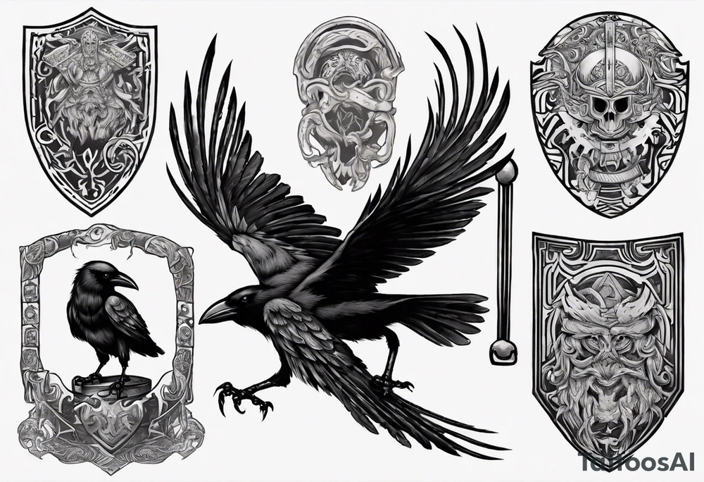 Depict a crow as a worrior with a viking sheild tattoo idea