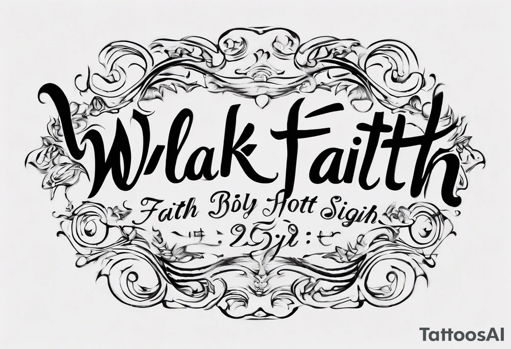Horizontal inner bicep tattoo. “walk by faith, not by sight” stairwell wrapping around the quote. This design captures the essence of the journey guided by faith. tattoo idea