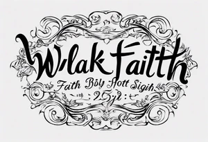 Horizontal inner bicep tattoo. “walk by faith, not by sight” stairwell wrapping around the quote. This design captures the essence of the journey guided by faith. tattoo idea