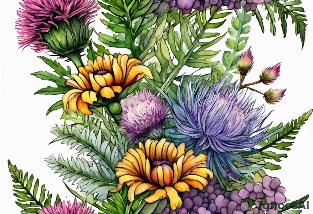 small vertical mixed wildflower bouquet with ferns, thistle and with watercolor tattoo idea