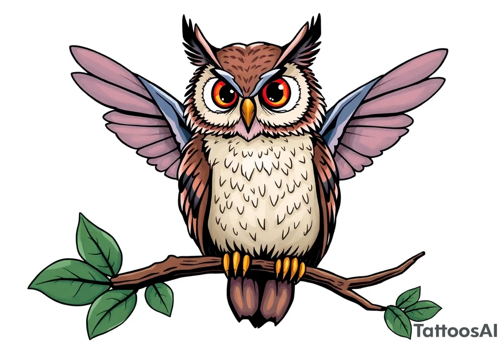 Cartoon style owl, perched on a branch, dragonfly in the background tattoo idea