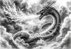 fierce dragon breathing iridescent fire against stormy skies tattoo idea