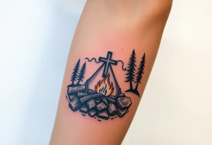 Campsite with a campfire with a cross tattoo idea