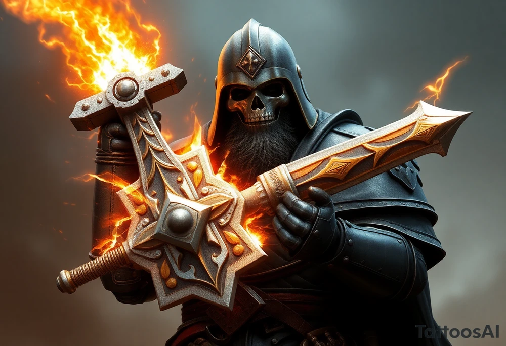 Warhammer, the Old World. A warrior priest of Sigmar holding The Warhammer of Sigmar. The Warhammer of Sigmar is radiating thunderous energy. The Warhammer is held by the warrior priest with both hands at the handle with a firm grip inorder to contain its unlimited energy, upon his chest level. The Warrior priest is wearing dark alloyed heavy armour (reference armor from warhammer vermintide 2 Victor Saltzpyres, the warrior priest of Sigmar class) with skull sigils on his shoulder pads. The warrior priest is wearing a helmet, while the helmets front visor has an humanoid face covering. The helmet and armour are gladened with hints of gold and crimson red. The Warhammer is silverish and golden with a long handle tattoo idea