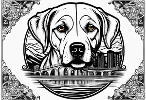 Dog head shape outline with  river amd bridge view tattoo idea