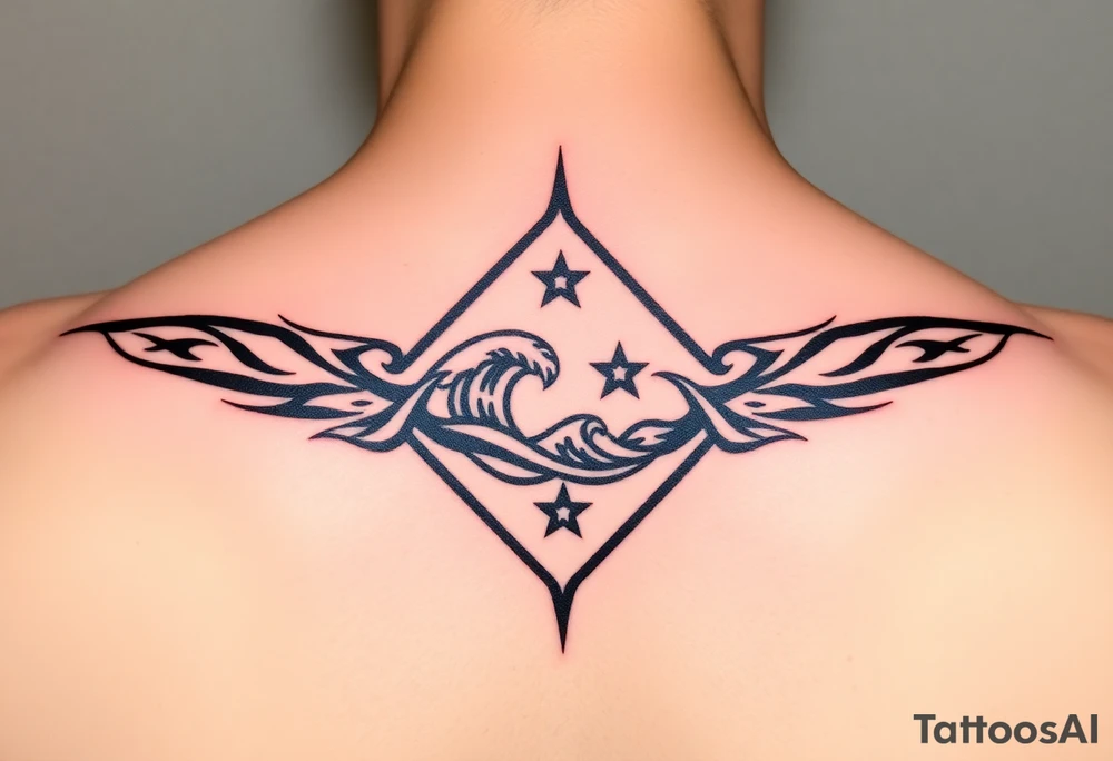 A sharp edged powerful wave with 2 stars inside of a elongated diamond tattoo idea