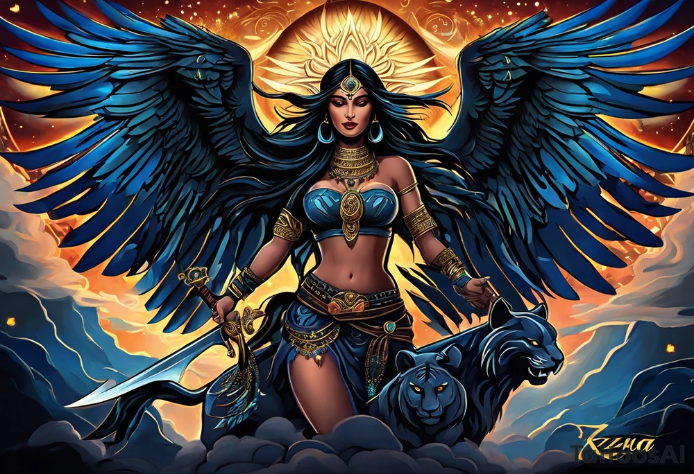 black kali, goddess pirate, alien, angel, pachamama, valkrye, warrior, flying, skull, lotus azul, wing, eagle, zenza resonance, stars, 5D, anahata chakra, death, durga, riding on a tiger, flying lady tattoo idea