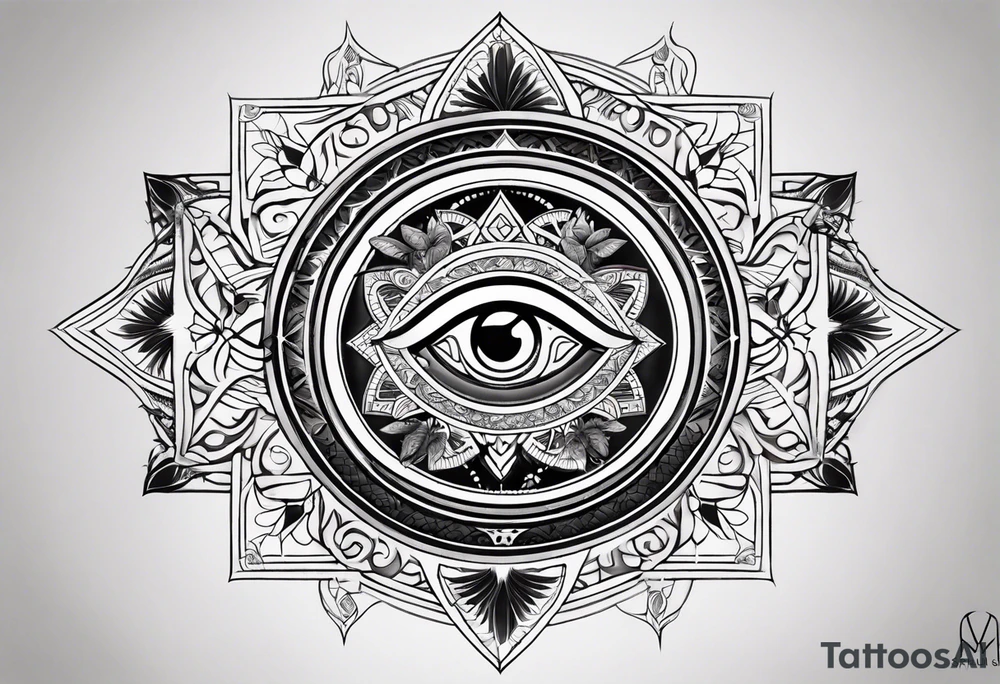 Spiritual mandala tattoo sleeve with 444, eye of Horus, tree of life and butterflies tattoo idea