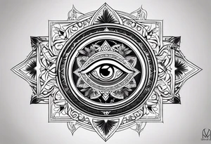 Spiritual mandala tattoo sleeve with 444, eye of Horus, tree of life and butterflies tattoo idea