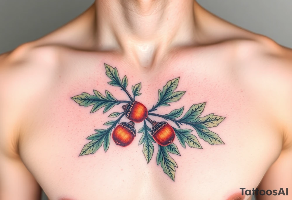 on the chest an oak branch with thick leaves and acorns oak branch with thick leaves and acorns tattoo idea