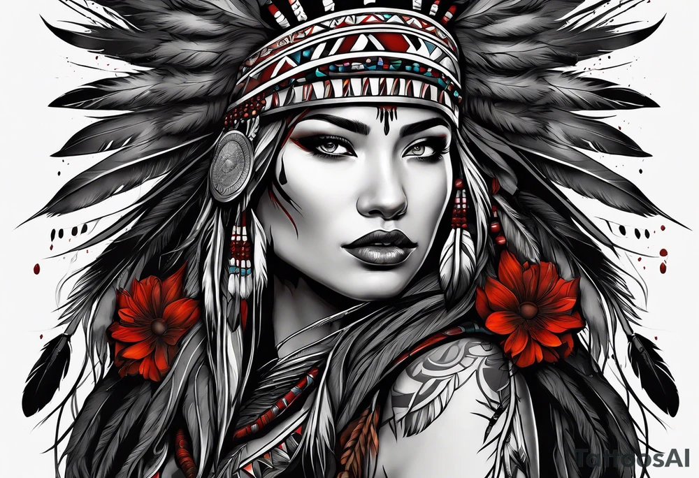 dark organic line artwork, photo realistic woman, native american, wolf, blood tattoo idea