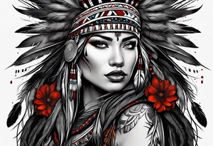 dark organic line artwork, photo realistic woman, native american, wolf, blood tattoo idea