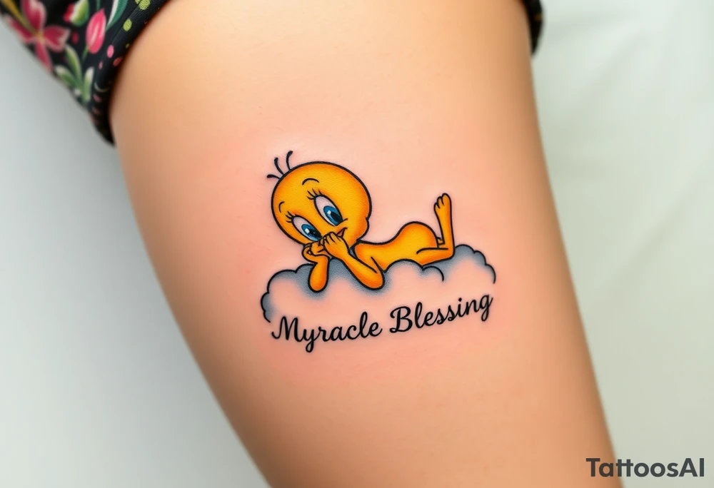 Tweety Bird laying on a cloud with his hands holding up his chin as he's looking up at the sky. Under the cloud in small capital letters is the name Myracle Blessing tattoo idea