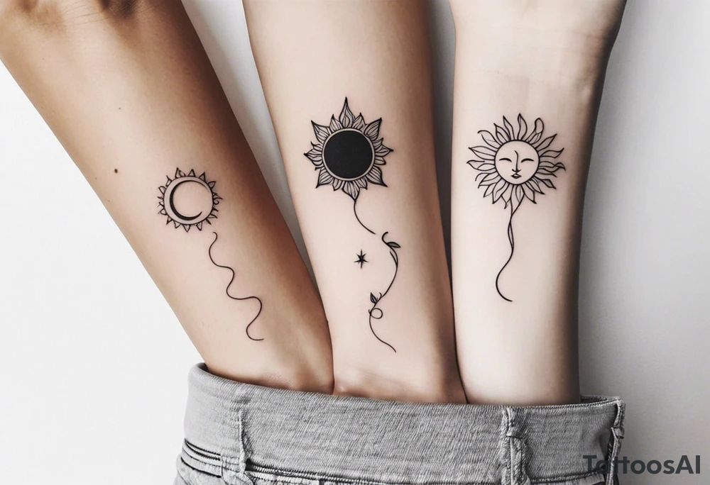 Matching friend tattoos, moon and sun, floral, vines, very small and minimal tattoo idea