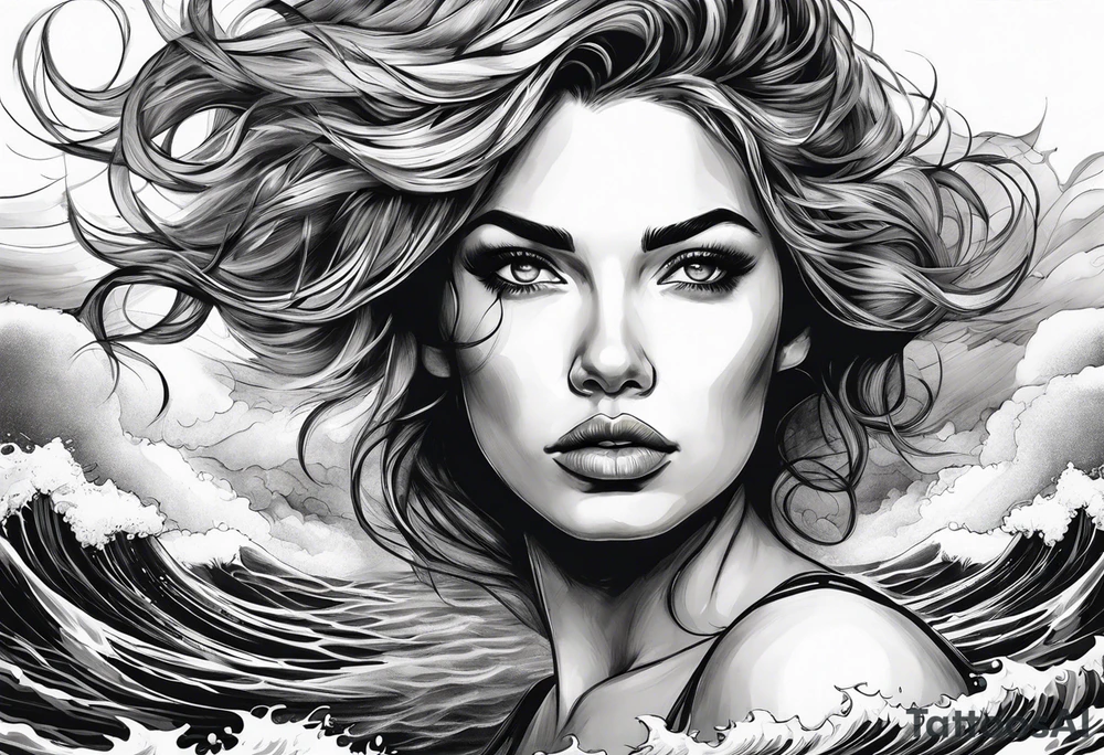 stormy sea waves, a woman in the middle of a storm tattoo idea