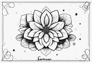 Heliotrope flower black and white
name “Samson” in cursive
With stars tattoo idea