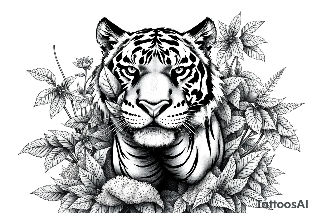 A tiger's powerful front paw emerging from dense jungle foliage, detailed moss. tattoo idea