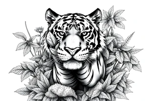 A tiger's powerful front paw emerging from dense jungle foliage, detailed moss. tattoo idea