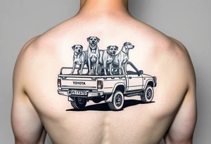 N70 toyota hilux hunting car with dogs standing on the back of the tray tattoo idea