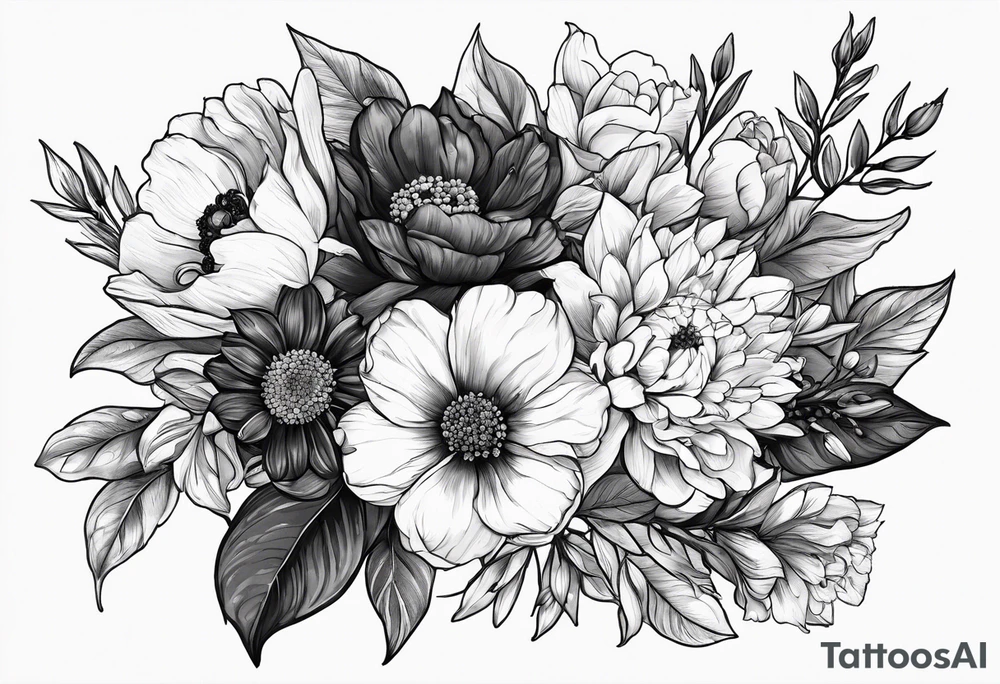 birth flower bouquet with February March August August and October birth flowers tattoo idea