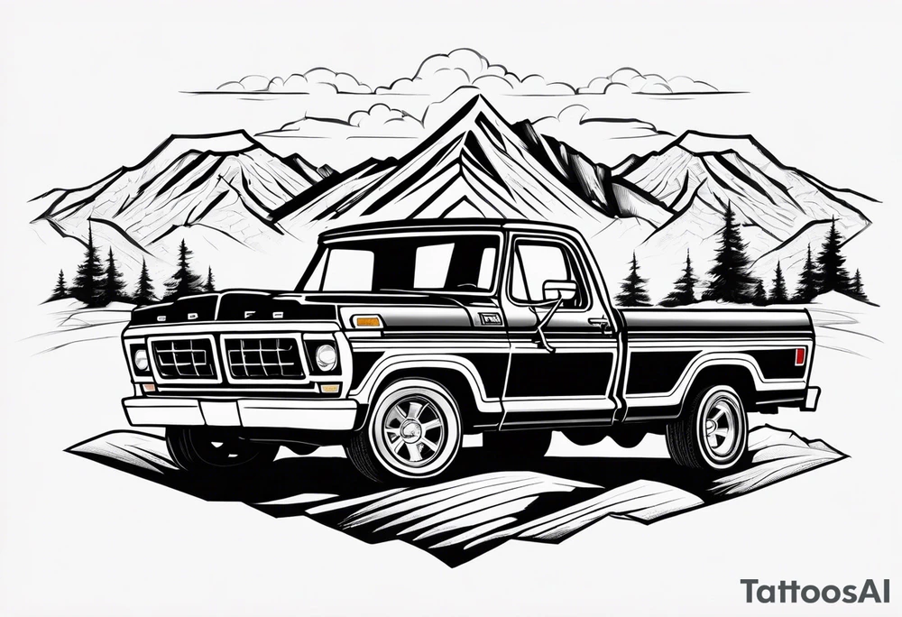 1974 ford f-100 in front of mountains tattoo idea