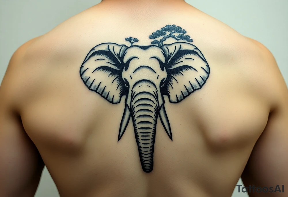 Head of an elephant with bonsai tree behind it Japanese style tattoo idea