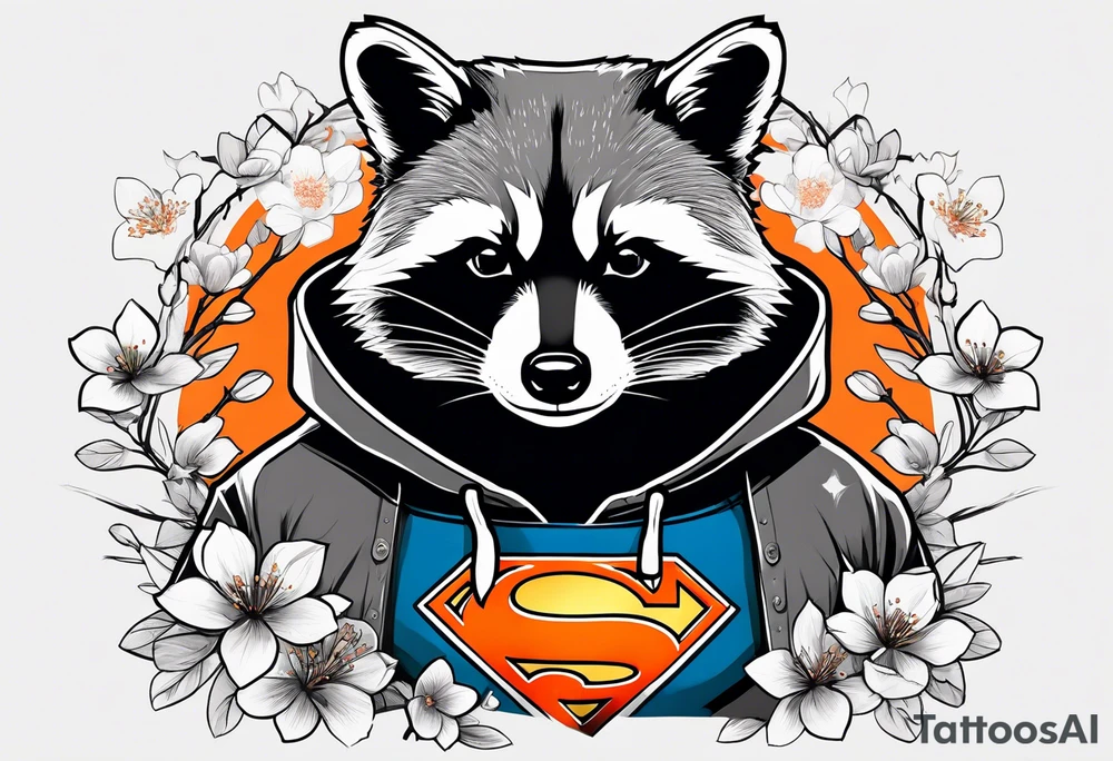 raccoon wearing a black and white Superman hoodie and orange Japanese cherry blossoms tattoo idea