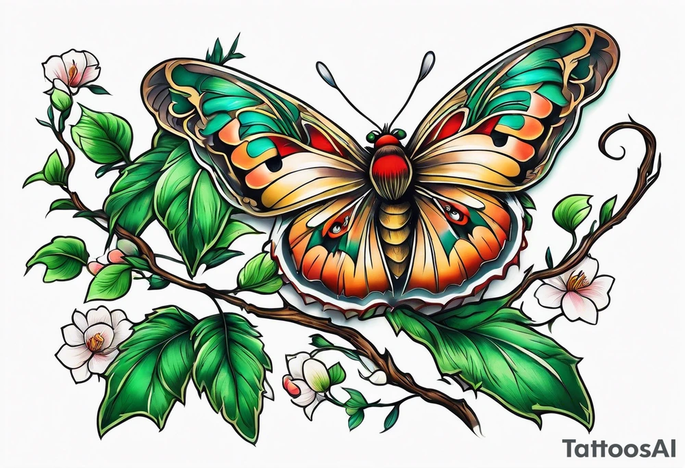 Moth flying around and winding long green branches and vines tattoo idea