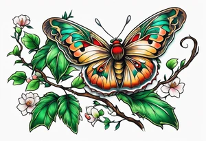 Moth flying around and winding long green branches and vines tattoo idea