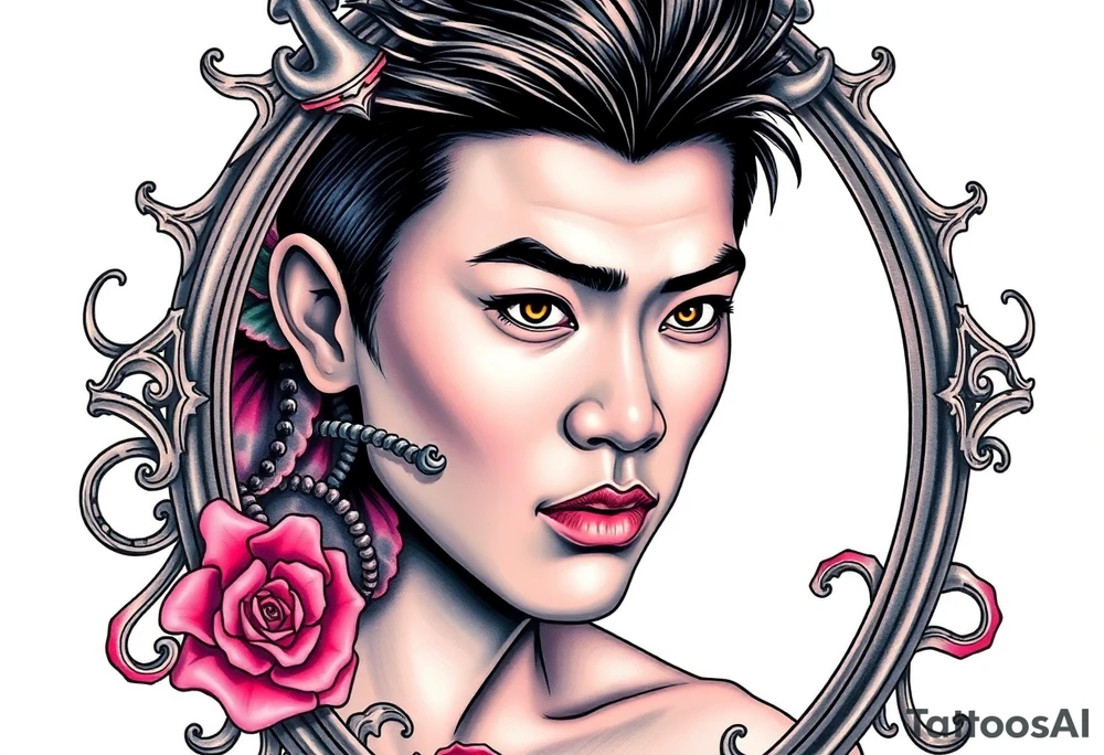 Handsome Asian young guy is looking in cursed mirror and see the evil tattoo idea