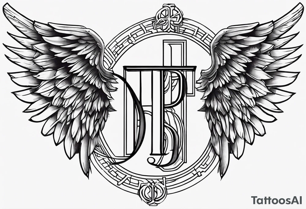 angel wings tattoo with a cross and the letters DJ in it tattoo idea