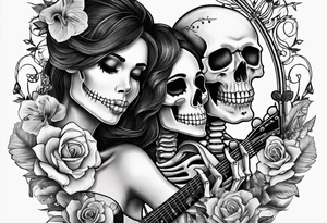 a female and male skeleton in love. The female has hibisucs flowers and the male is playing the guitar tattoo idea