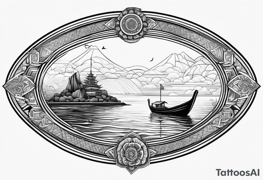 Oval frame inside thai long tail boat water under swiming turtle tattoo idea